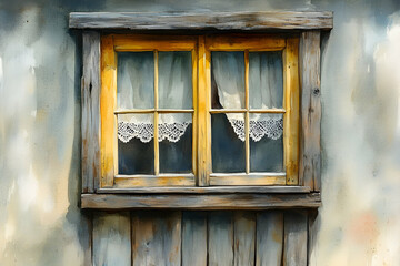 A rustic window with yellow wooden frames, adorned with lace curtains, providing a cozy, charming aesthetic against a weathered wall.