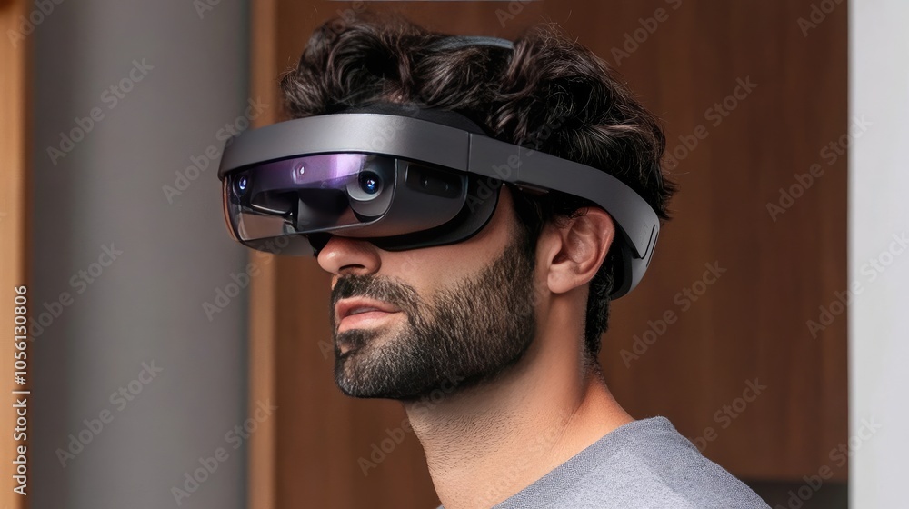 Poster warehouse worker using ar headset to locate items, enhancing productivity in a tech-driven logistics