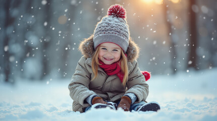 Fototapeta premium Joyful Winter Fun: Kid Playing in Snow - Adorable Children Enjoying Snowy Adventure in Cozy Winter Clothes