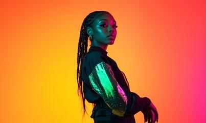 Fototapeta premium A Young Woman With Braids Poses Against a Vibrant Gradient Background Showcasing Colorful Lighting at a Creative Studio