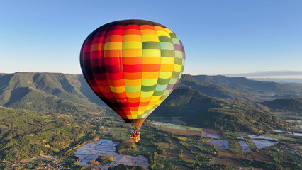 Colorful Balloon At Praia Grande In Santa Catarina Brazil. Hot Air Balloon Flying. Beautiful Skyline. Rice Field Scenery. Colorful Balloon At Praia Grande In Santa Catarina Brazil. Countryside Scene. 