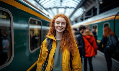 Fototapeta premium A Smiling Young Woman With Red Hair in a Yellow Jacket Waits at a Train Station Surrounded by Travelers During a Sunny Day