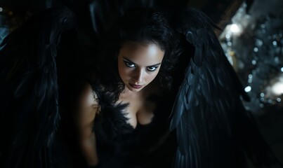 A Mysterious Figure With Dark Wings Gazes Intensely in a Dimly Lit Environment, Creating an Atmosphere of Intrigue and Fantasy