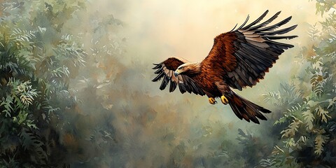 Fototapeta premium Majestic bird of prey soaring through a misty forest landscape.