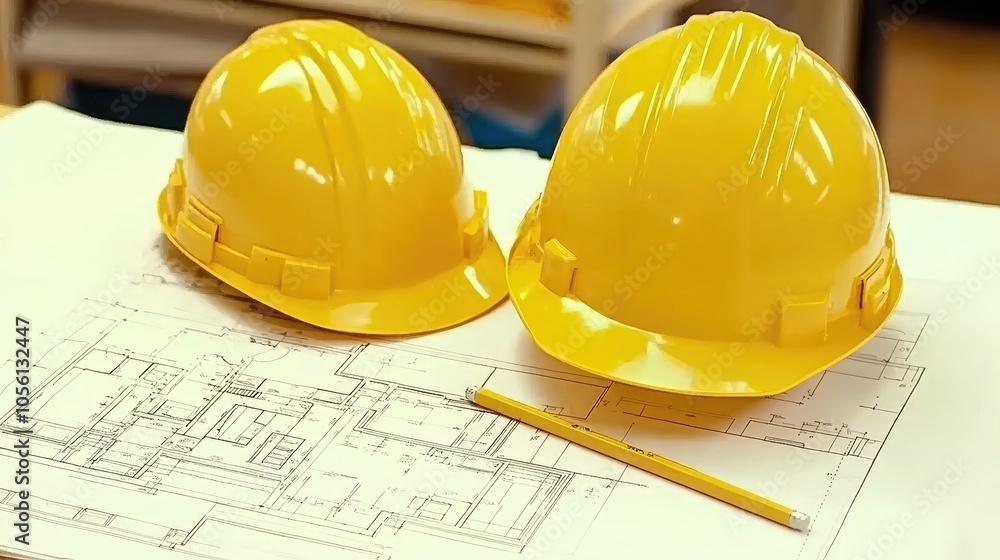 Poster worktable with blueprint of floor plan, yellow helmet, pencil next to it, representing architecture 