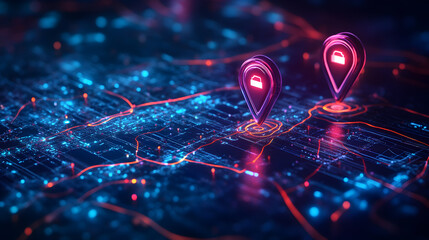 Two glowing location pins on a digital map.