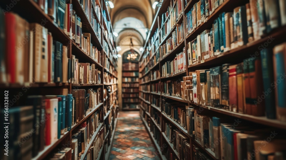 Poster long aisles of a library filled with books, creating a quiet reading space
