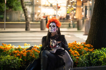 Fototapeta premium Mexican Catrina Seated with Xoloitzcuintli in Marigold Garden