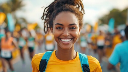 Smiling runner in yellow shirt during a vibrant community marathon event