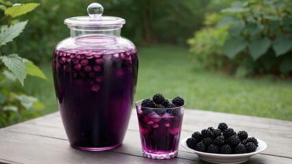 Large Glass Jar and Cup Filled with Fresh Blackberries and Berry Juice