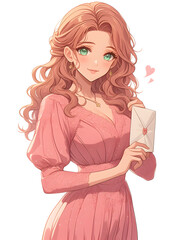 A beautiful woman with long, flowing hair and green eyes smiles sweetly, holding a letter.