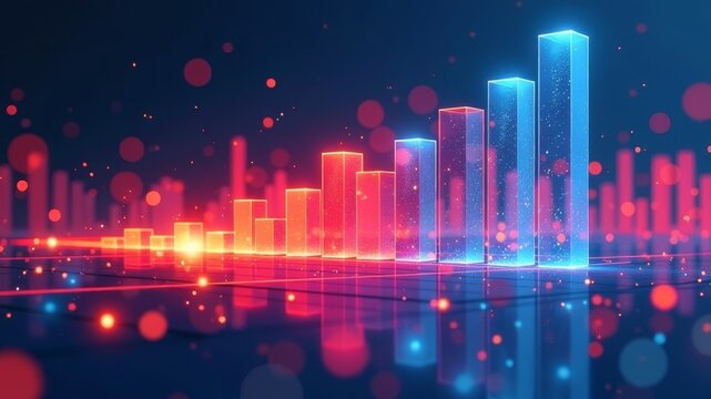 Abstract digital bar graph with colorful, translucent columns on a reflective surface, representing data visualization or futuristic city skyline