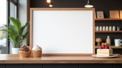 A clean white board for text with cakes standing next to it in a chic cozy cafe,