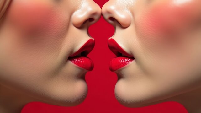 Close-up of two female faces with red lips close to each other on red background
