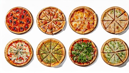 Set of different pizzas top view set. isolated on white background. pesto pizza, BBQ chicken pizza, fajita pizza, Italian pizza.