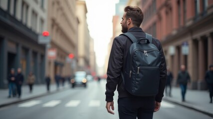 A man with a backpack walks along the road. Shot from the back