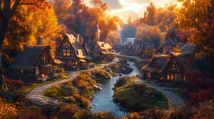 Fototapeta premium A charming village nestled in a lush autumnal forest with a winding river flowing through it.