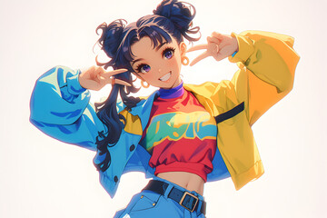 A cheerful anime girl with dark hair and bright clothing making a peace sign with both hands.
