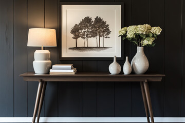 A vintage console table adorned with books and vases embodies the modern farmhouse style, featuring dark oak wood and minimalist design. Soft lighting from a wall lamp illuminates tree artwork.
