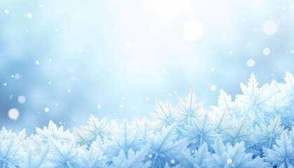 Naklejka premium Ice crystals forming beautiful patterns on soft blue background with sparkling snowflakes for winter design