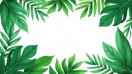 Fototapeta premium Horizontal banner with text and tropical leaves lying on white background