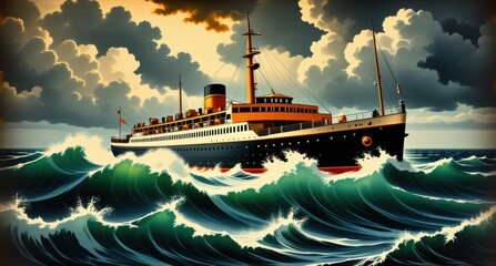 Obraz premium Vintage cruise ship travel poster, no text, retro 1920's artwork illustration for vacation and travel to exotic locations rough seas