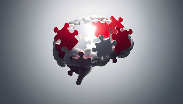 Graphic abstract of dysfunctional mind with iconic puzzle pieces background isolated with white highlights, png