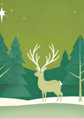 Cerf vert dans une for&ecirc;t de sapin vert dans un paysage de nuit 