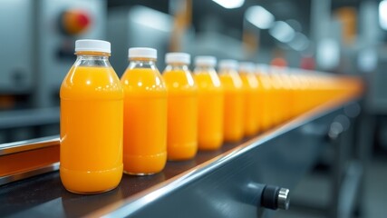 Juice bottles are lined up on a conveyor belt in a modern production facility, showcasing efficiency in beverage manufacturing.