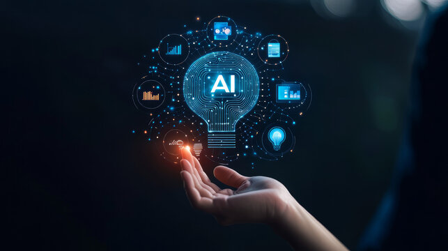 Man holds a bulb with "AI" text, Marketers education, research, analyze media video streaming content creation and online marketing strategies to grow their digital business. Ai generates concept
