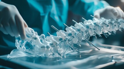 A gloved hand is adjusting a 3D-printed model of a human spine, which is mounted on metal rods. The model is made of white plastic and sits on a blue surface.