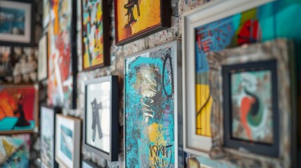 Fototapeta premium Colorful abstract art frames hang on a brick wall, showcasing vibrant colors and bold brushstrokes