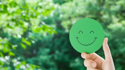 A hand holds up a green smiley face against a blurry green background.