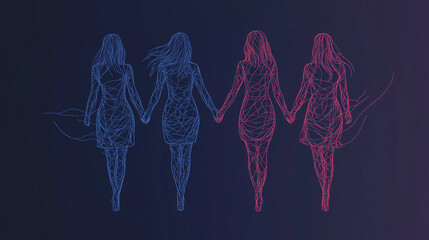 Simple line art of women standing in solidarity in dark blue and pink colors