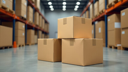 Large cardboard boxes stand in the foreground, behind them, and in the background are pallets with even more boxes.