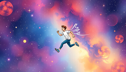 Obraz premium man running, flying in the colorful universe, watercolor painting isolated with white highlights, png