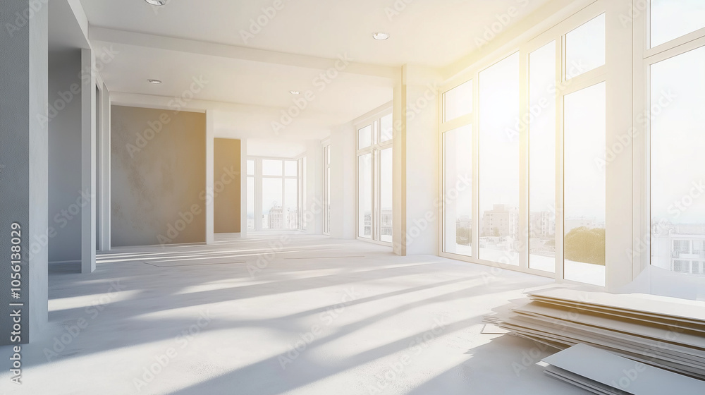 Poster empty room with sunlight streaming through windows: a spacious, empty room with large windows allowi