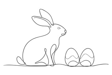 Easter Bunny and Eggs Line Art Simple One-Line Vector Design