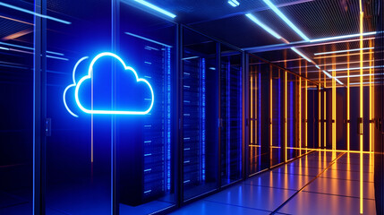 Neon Cloud Icon in Data Center: A glowing blue cloud icon in a modern data center with servers, symbolizing cloud computing and digital storage.