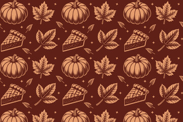 Autumn pumpkin pie seamless pattern. Vintage engraving vector hand drawn illustration, background, cover, print