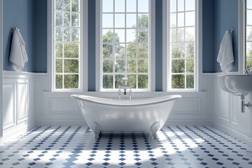 Fototapeta premium bathroom renovation, elegant white and blue tiled bathroom floor contrasts beautifully with sleek white fixtures