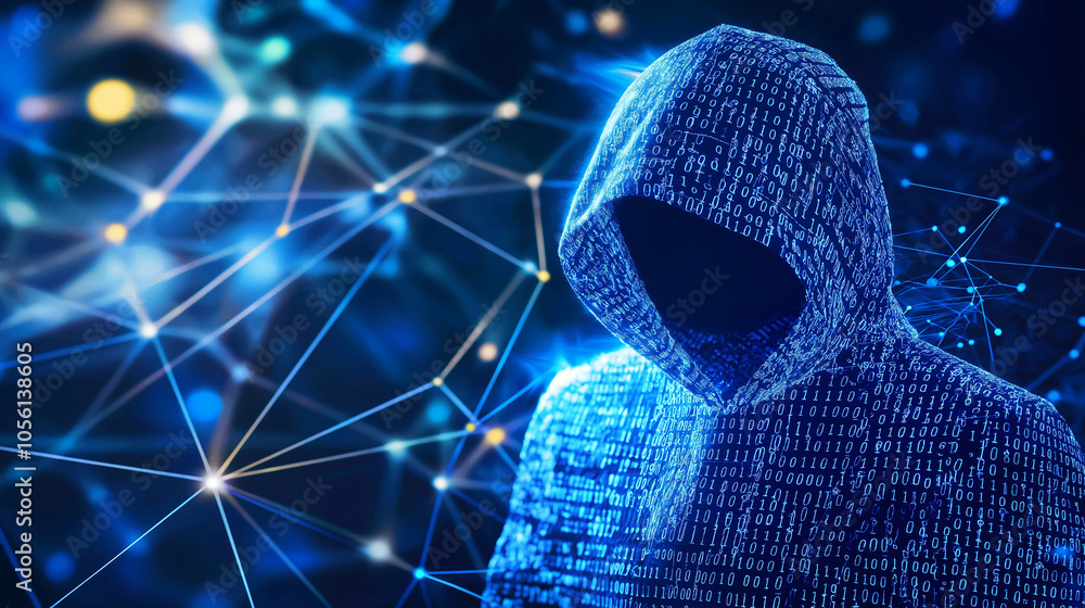 Poster hacker in hoodie with cybersecurity visuals in background: a mysterious figure wearing a hooded jack