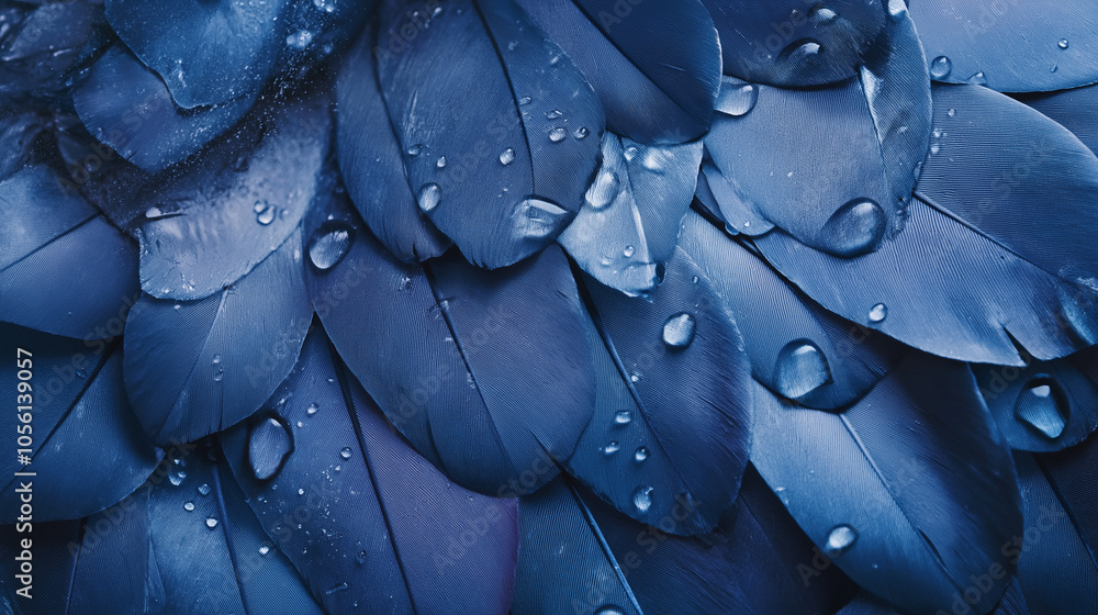 Poster close-up of blue feathers with water droplets: a detailed macro shot of layered blue feathers with w