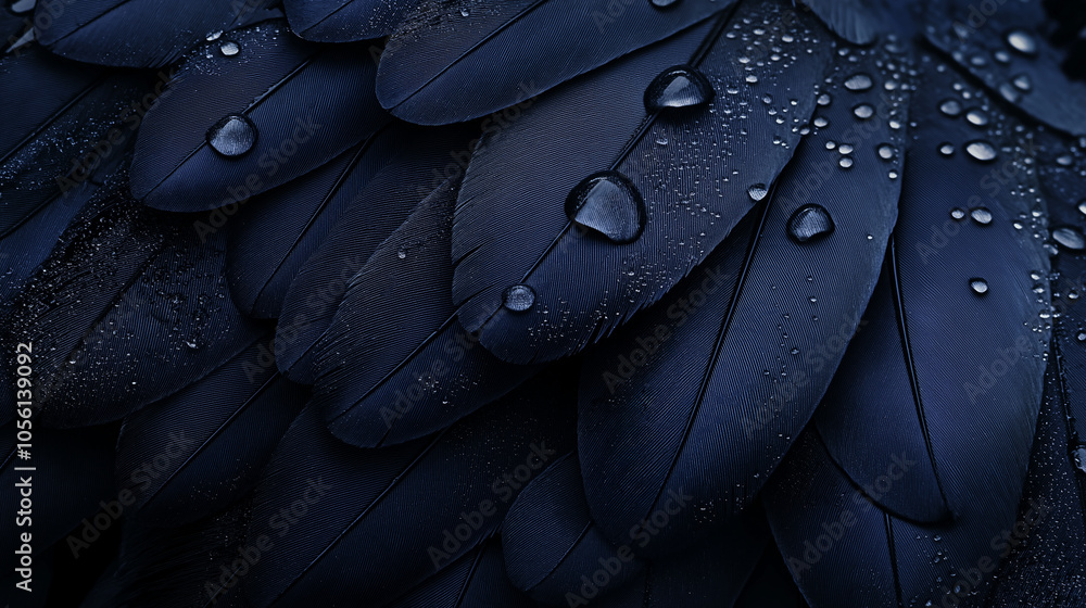 Poster close-up of blue feathers with water droplets: a detailed macro shot of layered blue feathers with w