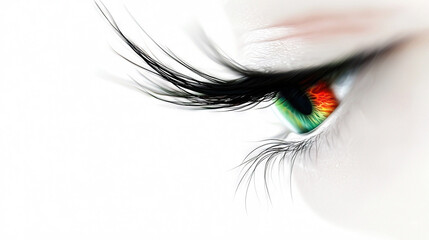   A close-up of a person's eye with long black lashes and an orange iris centered on the pupil