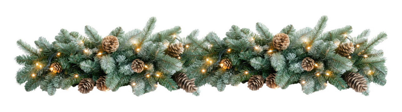 Christmas border frame with fir tree branches, ornaments, garland and pine cones. Winter holiday panorama banner on transparent