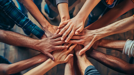 Business startup and teamwork concept - diverse team putting their hands together.