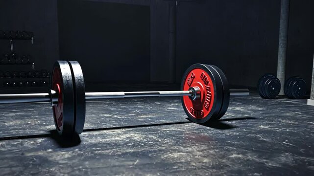 A barbell rests on a gym floor, ready for the next workout