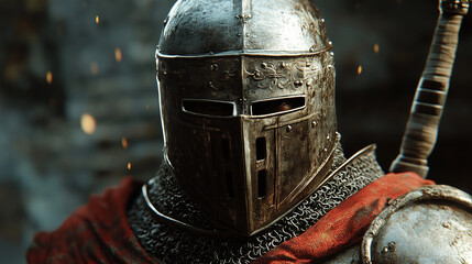 Fototapeta premium Ubrany w masywną zbroję, mężczyzna wygląda jak prawdziwy rycerz gotowy do walki.