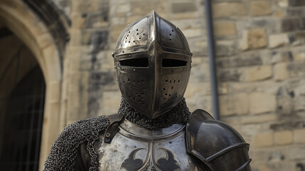 Fototapeta premium Ubrany w masywną zbroję, mężczyzna wygląda jak prawdziwy rycerz gotowy do walki.